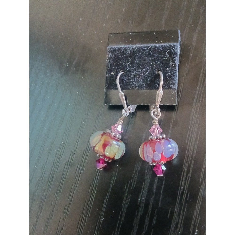 Sterling Silver 925 Lampwork Glass Bead Drop Earrings Pink Red Swirl